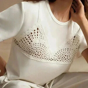 White Casual Women's Round Neck Short Sleeve Lace Patchwork Loose Crop Top